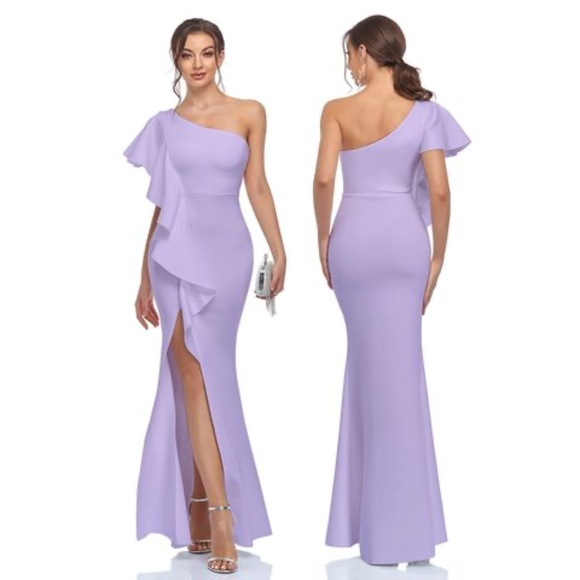 One Shoulder Ruffled Split Mermaid Evening Gown Cocktail Long Formal Dress - Picture 3 of 5